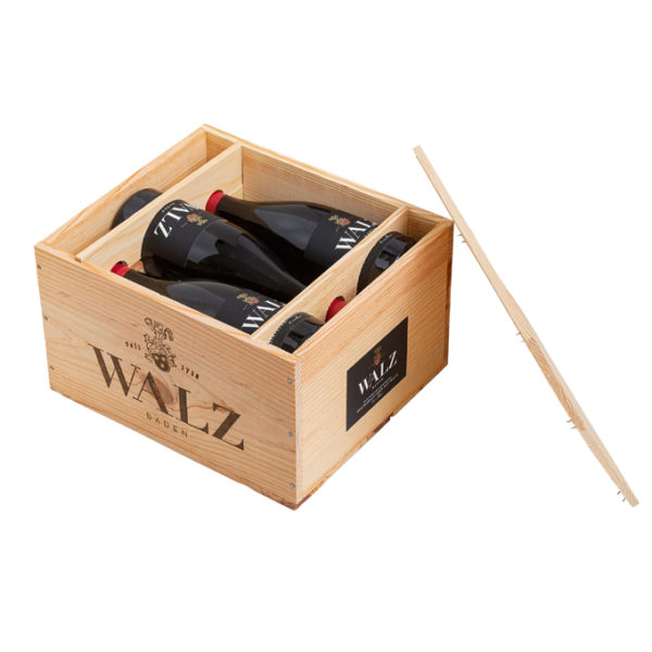 Holzkiste für 6 Flaschen Römerberg Spätburgunder Flaggschiff Weingut Josef Walz Heitersheim